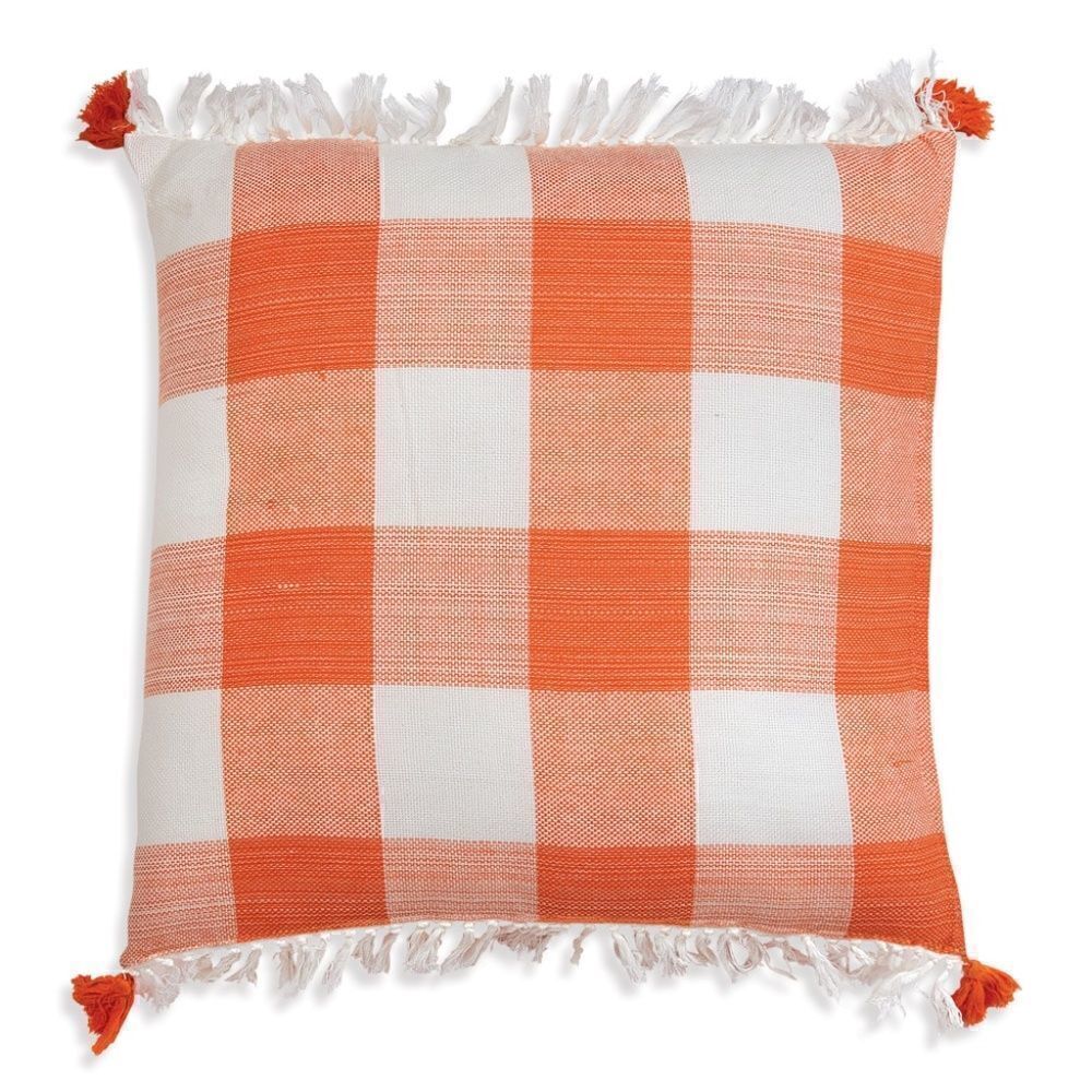 NEW! Orange Cotton Gingham Buffalo Plaid Throw Pillow Tassels Farmhouse Country